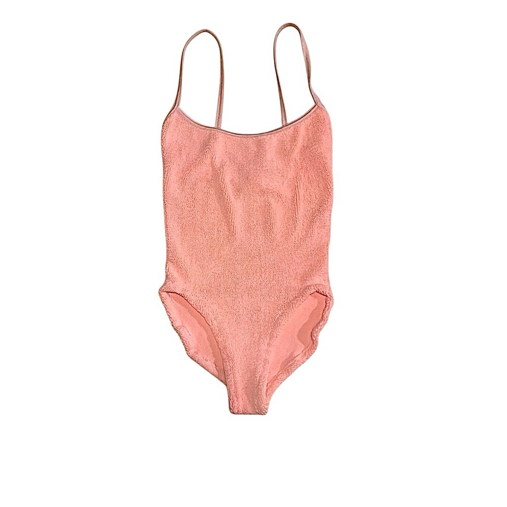 Hunza G Pamela Crinkle Stretch Peach Light Pink One Piece Swimsuit Bathing Suit